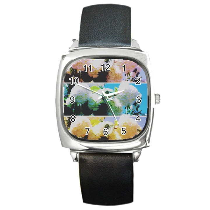 Faded Snowball Branch Collage (II) Square Metal Watch