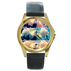 Washed Out Snowball Branch Collage (iv) Round Gold Metal Watch by okhismakingart