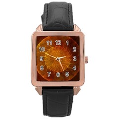 Orange Warm Hues Fractal Chaos Rose Gold Leather Watch  by Pakrebo