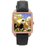 Yellow Snowball Branch Rose Gold Leather Watch  Front