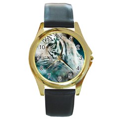 White Tiger Round Gold Metal Watch by snowwhitegirl