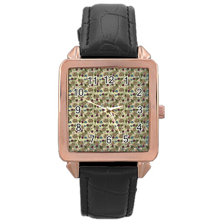 Distressed Cracked Doll Head Pattern Rose Gold Leather Watch 