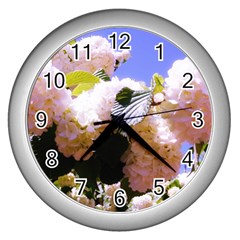 Pink Snowball Branch  Wall Clock (silver) by okhismakingart