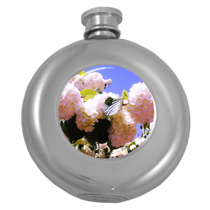 Pink Snowball Branch  Round Hip Flask (5 oz)