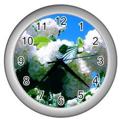 Blue Snowball Branch Wall Clock (silver) by okhismakingart