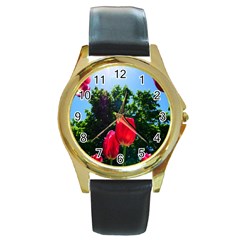 Skyward Tulips Round Gold Metal Watch by okhismakingart