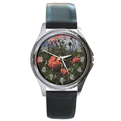 Faded Poppy Field  Round Metal Watch by okhismakingart