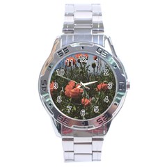 Faded Poppy Field  Stainless Steel Analogue Watch by okhismakingart