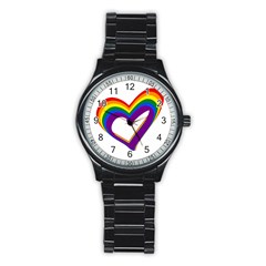 Rainbow Heart Colorful Lgbt Rainbow Flag Colors Gay Pride Support Stainless Steel Round Watch by yoursparklingshop