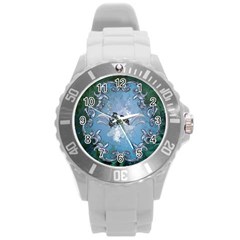 Surfboard With Dolphin Round Plastic Sport Watch (l) by FantasyWorld7