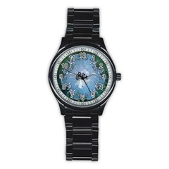 Surfboard With Dolphin Stainless Steel Round Watch by FantasyWorld7