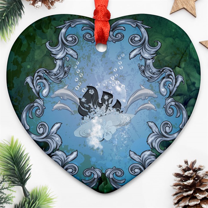 Surfboard With Dolphin Heart Ornament (Two Sides)