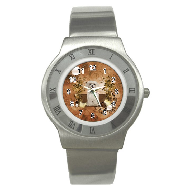 Cute Maltese Puppy With Flowers Stainless Steel Watch