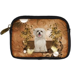 Cute Maltese Puppy With Flowers Digital Camera Leather Case by FantasyWorld7