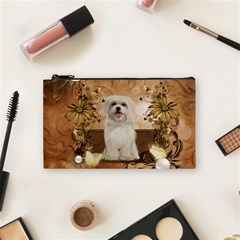 Cute Maltese Puppy With Flowers Cosmetic Bag (small) by FantasyWorld7