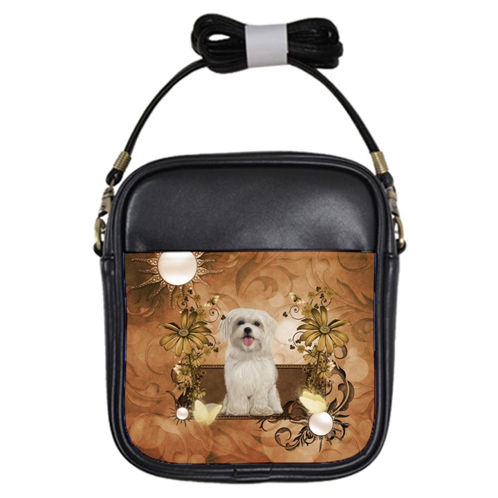 Cute Maltese Puppy With Flowers Girls Sling Bag