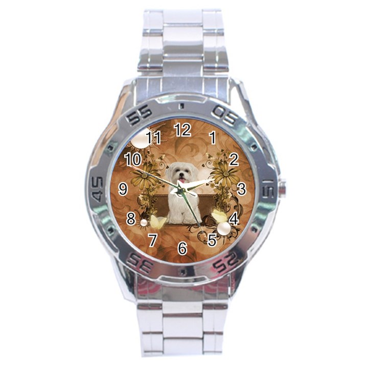 Cute Maltese Puppy With Flowers Stainless Steel Analogue Watch