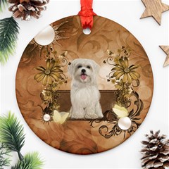 Cute Maltese Puppy With Flowers Ornament (round) by FantasyWorld7