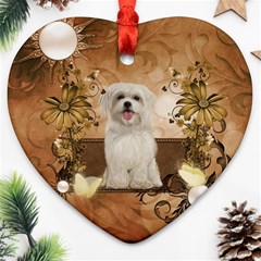 Cute Maltese Puppy With Flowers Ornament (heart) by FantasyWorld7