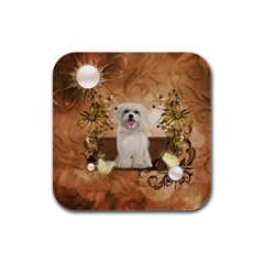 Cute Maltese Puppy With Flowers Rubber Square Coaster (4 Pack)  by FantasyWorld7