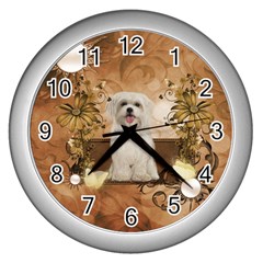 Cute Maltese Puppy With Flowers Wall Clock (silver) by FantasyWorld7