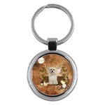 Cute Maltese Puppy With Flowers Key Chain (Round) Front