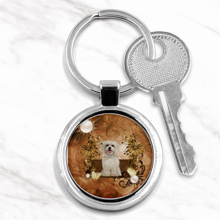 Cute Maltese Puppy With Flowers Key Chain (Round)