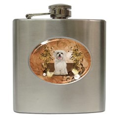 Cute Maltese Puppy With Flowers Hip Flask (6 Oz) by FantasyWorld7