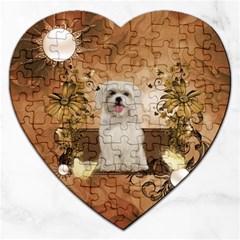 Cute Maltese Puppy With Flowers Jigsaw Puzzle (heart) by FantasyWorld7