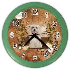 Cute Maltese Puppy With Flowers Color Wall Clock by FantasyWorld7