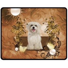 Cute Maltese Puppy With Flowers Fleece Blanket (medium)  by FantasyWorld7