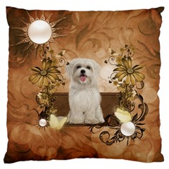 Cute Maltese Puppy With Flowers Large Flano Cushion Case (one Side) by FantasyWorld7