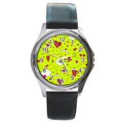 Valentin s Day Love Hearts Pattern Red Pink Green Round Metal Watch by EDDArt