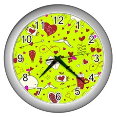 Valentin s Day Love Hearts Pattern Red Pink Green Wall Clock (silver) by EDDArt