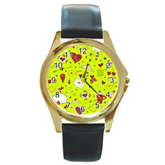 Valentin s Day Love Hearts Pattern Red Pink Green Round Gold Metal Watch by EDDArt