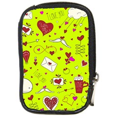 Valentin s Day Love Hearts Pattern Red Pink Green Compact Camera Leather Case by EDDArt