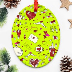 Valentin s Day Love Hearts Pattern Red Pink Green Ornament (oval Filigree) by EDDArt