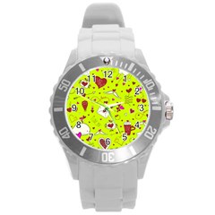 Valentin s Day Love Hearts Pattern Red Pink Green Round Plastic Sport Watch (l) by EDDArt