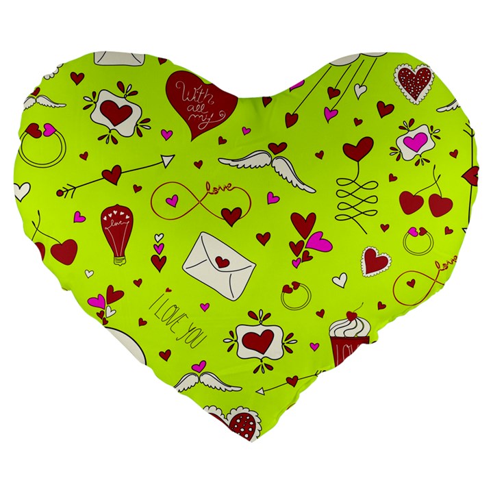 Valentin s Day Love Hearts Pattern Red Pink Green Large 19  Premium Heart Shape Cushions