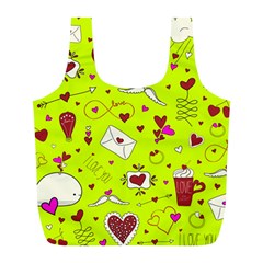 Valentin s Day Love Hearts Pattern Red Pink Green Full Print Recycle Bag (l) by EDDArt