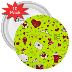 Valentin s Day Love Hearts Pattern Red Pink Green 3  Buttons (10 Pack)  by EDDArt