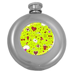 Valentin s Day Love Hearts Pattern Red Pink Green Round Hip Flask (5 Oz) by EDDArt