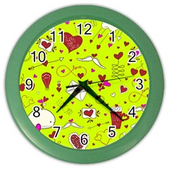 Valentin s Day Love Hearts Pattern Red Pink Green Color Wall Clock by EDDArt