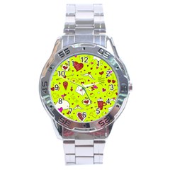 Valentin s Day Love Hearts Pattern Red Pink Green Stainless Steel Analogue Watch by EDDArt