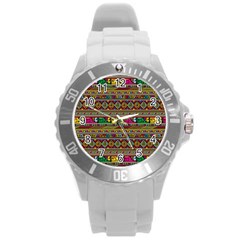 Traditional Africa Border Wallpaper Pattern Colored Round Plastic Sport Watch (l) by EDDArt