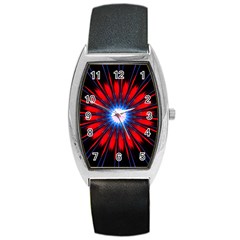 Red White Blue Burst Fractal Barrel Style Metal Watch by Pakrebo