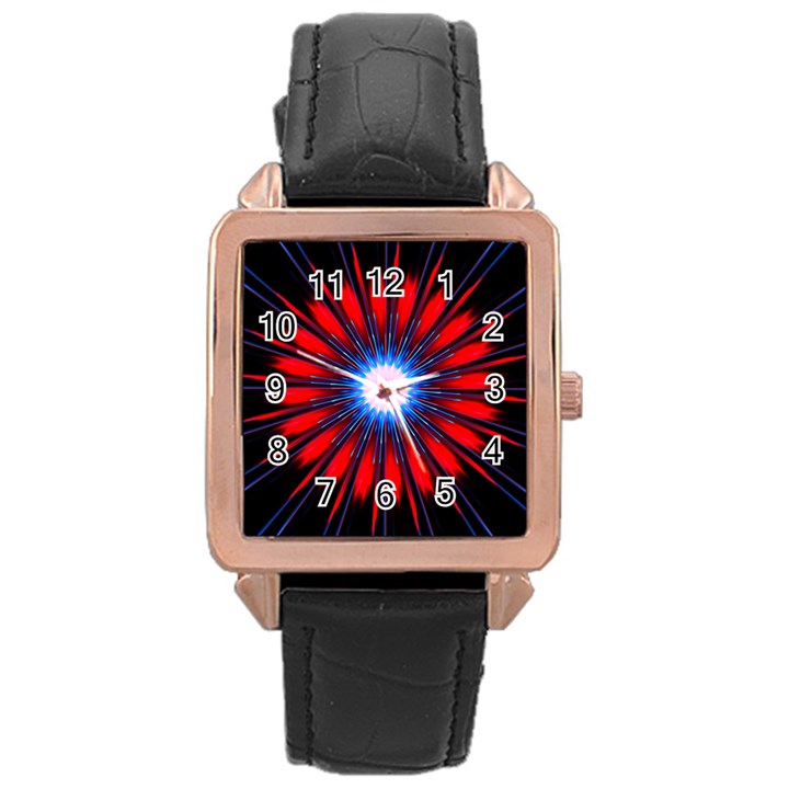 Red White Blue Burst Fractal Rose Gold Leather Watch 