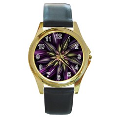 Fractal Flower Floral Abstract Round Gold Metal Watch by Pakrebo