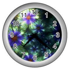 Fractal Painting Blue Floral Wall Clock (silver) by Pakrebo