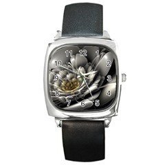 Fractal Silver Flower Bloom Floral Square Metal Watch by Pakrebo